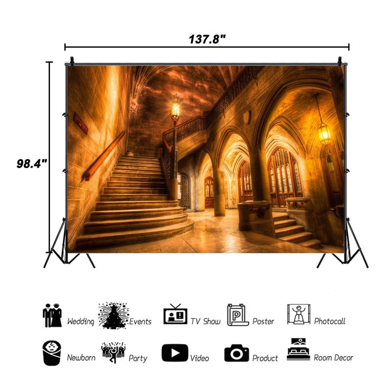 AOFOTO 12x8ft Vintage Medieval Castle Interior Backdrop Retro Archway Columns Photography Background Old Stairway Dim Light Architecture Pillars Photo Studio Props Wedding Artistic Portrait Vinyl - Image 4
